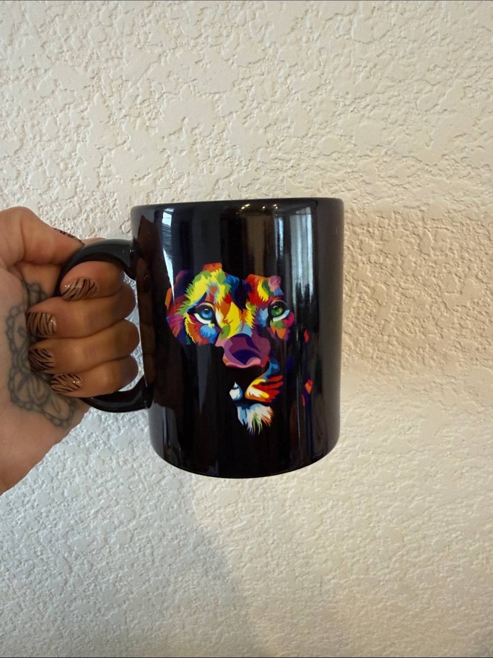 Black Ceramic Mug with Colorful Lion Art